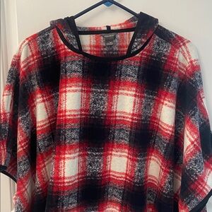 Eddie Bauer Fleece Red and Black Plaid Poncho with hood/pocket